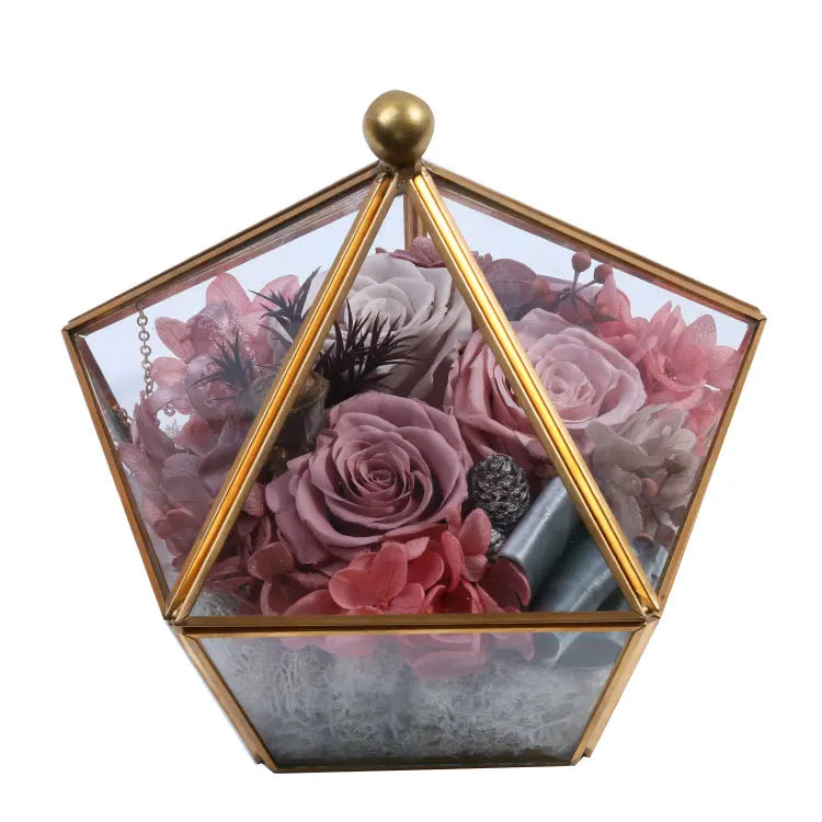 Hot sale 100% Real Glass Geometric Terrarium Eternal Rose Preserved Flower For Valentine's Day